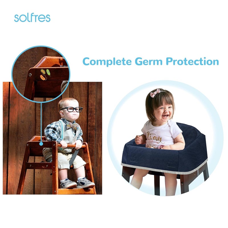 Solfres Dual-Belt Baby High Chair Cover, Upgrade Version, for Wooden or Restaurant High Chair, Sturdy and Robust Material, Waterproof Washable Stain and Slip Resistant, Navy Blue - Image 3